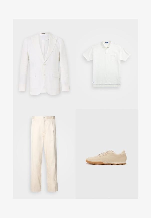 Balts lina žakets ar strukturētu dizainu, divu pogu priekšējo aizdari, izteiksmīgām uzlīpēm, vienu krūšu kabatu un divām sānu kabatām.; Balta polo krekls, izgatavots no kokvilnas, ar klasisku apkakli, trīs pogu aizdari un kreisajā krūtī kabatu; neliels logo apakšmalā.; Bežā krāsā auduma bikses ar taisnu kāju griezumu, pievienotām pogu aizdares un priekšējiem krokām papildu detaļām.; Bežā zamša kedas ar plūstošu dizainu, kurām ir strukturēta virsma, noapaļota purngalu un gumijas zole ar zigzaga rakstu.