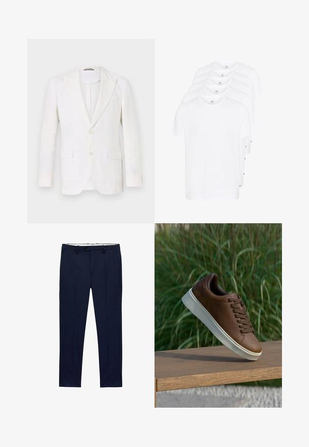 Bílý lněný blazer se strukturovaným designem, předním zapínáním na dva knoflíky, špičatými klopami, jednou náprsní kapsou a dvěma bočními kapsami.; Bílé trička s krátkým rukávem poskládaná, vyrobená z bavlny. Mají kulatý výstřih a rovný střih. Tkanina vypadá hladce, bez vzorů.; Námořnické modré kalhoty se slim fit a pruhovaným vzorem. Obsahují zip, poutka na opasek a přední kapsy. Hladká textilie.; Hnědé kožené tenisky s bílou gumovou podrážkou, kulatou špičkou a hnědými tkaničkami. Imitovaný grip na podrážce a hladký povrch na svršku.