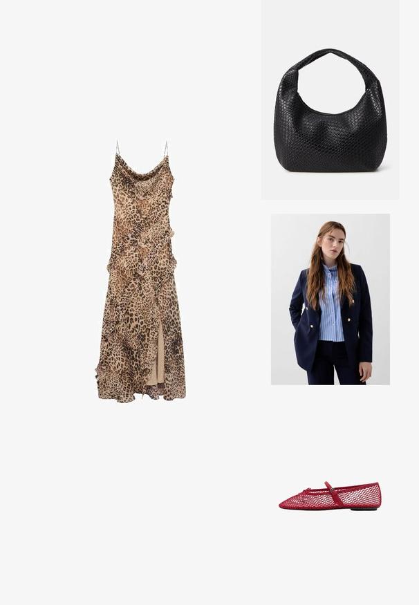 Blazer color navy con dettagli di bottoni dorati su una camicia a righe blu chiaro e bianca, abbinato a pantaloni scuri. Texture del tessuto liscia.; Abito leopardato con design drappeggiato, caratterizzato da volant lungo i bordi e uno spacco alto fino alla coscia. Realizzato in tessuto leggero con spalline sottili.; Ballerine in rete rossa con punta affusolata, dotate di una sottile cinghia e dettaglio a fibbia. La parte superiore presenta un motivo aperto a nido d'ape.; Borsa a mano nera intrecciata con forma arrotondata, una sola maniglia e chiusura con zip. Realizzata in materiale testurizzato con un motivo intricato.