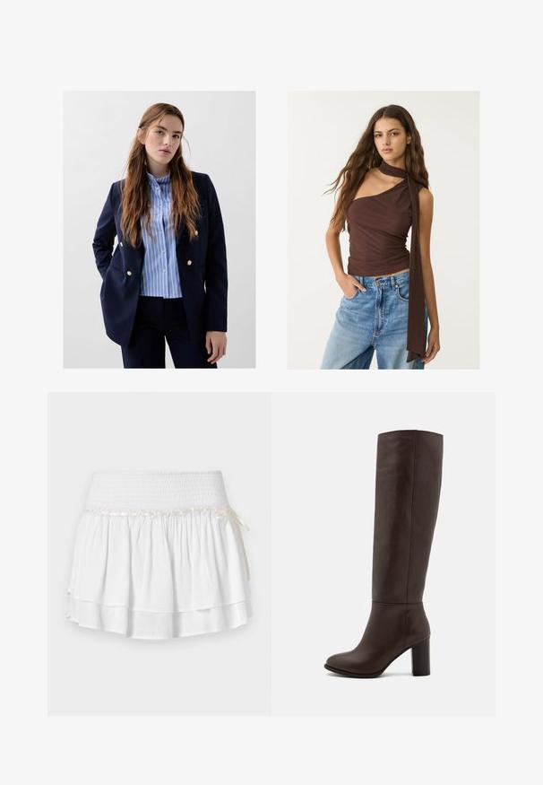 Marineblazer mit goldenen Knopfakzenten über einem hellblauen und weißen gestreiften Hemd, kombiniert mit dunklen Hosen. Glatte Stofftextur.; Braunes ärmelloses Oberteil mit gerafftem Ausschnitt und langen Bändern. Verfügt über eine figurbetonte Silhouette, weiche Textur und Raffung, kombiniert mit blauen Jeans.; Weißer Stufenrock mit elastischem Bund, der mit einem strukturierten Rüschenmuster und einem dekorativen Bandakzent versehen ist. Baumwollstoff.; Braune Lederstiefel bis zum Knie mit Blockabsatz, glatter Textur, runder Spitze und minimalen Nahtdetails.