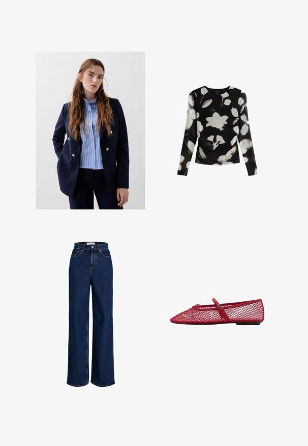 Granatowa marynarka z złotymi guzikami, noszona na jasnoniebieskiej koszuli w białe paski, połączona z ciemnymi spodniami. Gładka tekstura materiału.; Czarna bluzka z długim rękawem w biały kwiatowy nadruk, z marszczonym detalem po boku, okrągłym dekoltem i gładkim, lekkim materiałem.; Jeansy z wysokim stanem, ciemnoniebieskie, z szerokimi nogawkami, z przodu zapinane na guziki, z pięcioma kieszeniami.; Czerwone siateczkowe baletki z ostro zakończonym noskiem, z cienkim paskiem i zapięciem. Wierzch ma otwarty, plasterkowy wzór.