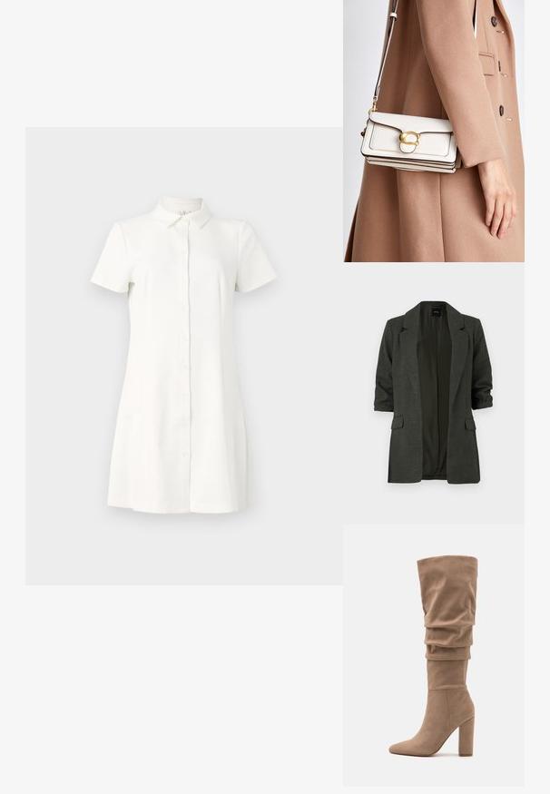 Tummanvihreä bleiseri, joka on valmistettu teksturoidusta kankaasta. Siinä on viistetty kaulus, ylös käännettävät hihat ja kaksi etutaskua. Avoin etuosa.; Lyhythihainen, napitettu mekko valkoisesta kankaasta. Siinä on kaulus, levenevä helma ja kaksi sivutaskua. Sileä pinta perinteisellä muotoilulla.; Anna Field Saappaat - beige; Valkoinen nahkainen olkalaukku, jossa on kultainen solki, strukturoidulla muotoilulla, kontrastiväriset reunat ja ohut säädettävä hihna.