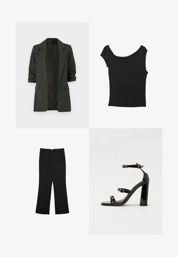 Temno zelena blazer jakna iz teksturirane tkanine, z ovratnikom v obliki klina, zvitimi rokavi in dvema sprednjima žepoma. Odprt sprednji dizajn.; Črna kratka majica s kratkimi rokavi iz gladkega blaga; ima drapiran izrez in asimetrično spodnjo rob, s prilegnjenim telesom.; Črne hlače ravnega kroja z naglavnimi žepi in stranskimi razporki na robu. Narejene iz mehke, gladke tkanine. Primerne za različne priložnosti.; Črne lakirane sandale s peto, kvadratnim prstom, trakovi okrog gležnja in srebrnimi zaponkami. Opremljene so s stabilno Debelo peto.