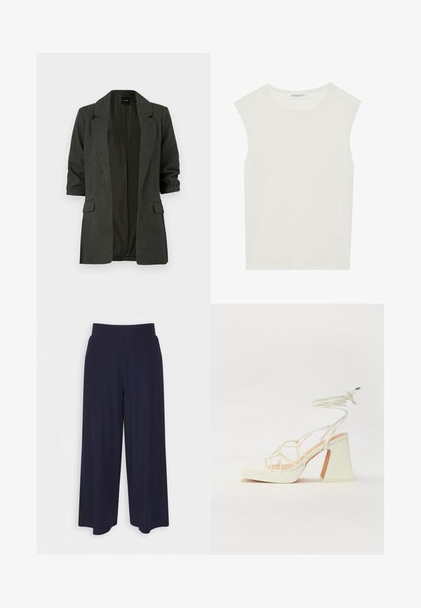 Donkergroene blazer van gestructureerde stof met een geknipt kraag, opgerolde mouwen en twee zakken aan de voorkant. Open ontwerp aan de voorkant.; Witte mouwloze top met een ronde halslijn. Gemaakt van gladde stof, het heeft een losse pasvorm en een minimalistisch ontwerp. Geen patronen of accenten.; Wijd-uitlopende broek in donkerblauwe stof met een geribbeld patroon. Heeft een gladde tailleband en een vloeiende silhouet, die tot halverwege de kuiten reikt.; Witte hoge hakken sandaal met een chunky hak, met een bandjesontwerp en enkelband. Gladde textuur met een plateau voor extra hoogte.