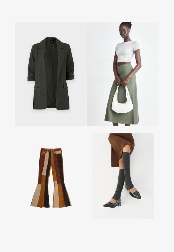 Dark green blazer made of textured fabric, featuring a notched collar, roll-up sleeves, and two front pockets. Open front design.; White sleeveless ribbed tank top with gold metallic script reading "Cowgirl" across the chest, displayed on a plain background.; Corduroy flared pants featuring vertical stripes in brown, tan, and mustard. Distinctive design with a high waist and five pockets.; Black patent leather pointed-toe shoes with a block heel and ankle strap, paired with gray ribbed leg warmers and a brown suede skirt.; Gray ribbed crop top and olive green high-waisted skirt. Model holds a white shoulder bag with cut-out detailing. Simple design, fitted silhouette.