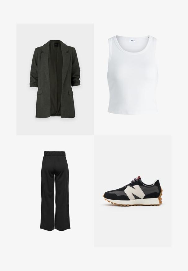 Tmavě zelený blazer vyrobený z texturovaného materiálu, s klopovým límcem, ohrnovacími rukávy a dvěma předními kapsami. Otevřený přední design.; Bílý žebrovaný top na ramínka se kulatým výstřihem, bez rukávů a zkrácenou délkou. Název značky je "JJXX." Hladká struktura látky.; Černé široké kalhoty s elastickým pasem, vyrobené z hladkého materiálu. Disponují čistým designem bez kapes nebo viditelných švů.; Černé a šedé semišové tenisky s velkým krémovým logem "N", fialovými tkaničkami a strukturovanou gumovou podrážkou.