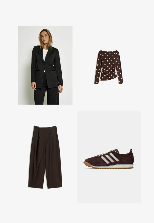 Desires Blazer - black; Brun långärmad topp med rundad halsringning, prydd med stora vita prickar och rynkdetalj vid midjan för en figursydd look.; Mörkbruna vida byxor med hög midja, med en enkel knappstängning och plisserad front. Tillverkade av lätt tyg.; Lågprofil mörk burgundy Adidas sneakrar med vita ränder, krämfärgade snören och gummisula, sidovy på enkel bakgrund.