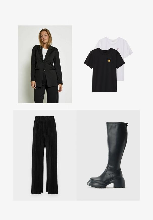 Desires Suknjič - black; Črne in bele majice, okrogli vrat, kratki rokavi. Črna majica ima richelieu vezenje sonca v rumeni barvi; bela ima vijolični naglavni mesec.; Črne plisirane hlače z elastičnim pasom. Imajo široke noge in gladko, teksturirano tkanino z navpičnimi črtami.; Visoka črna usnjena škornja s debelim podplatnim solejem in blok peto, opremljena s potegom in strukturiranim profilom na podplatu.