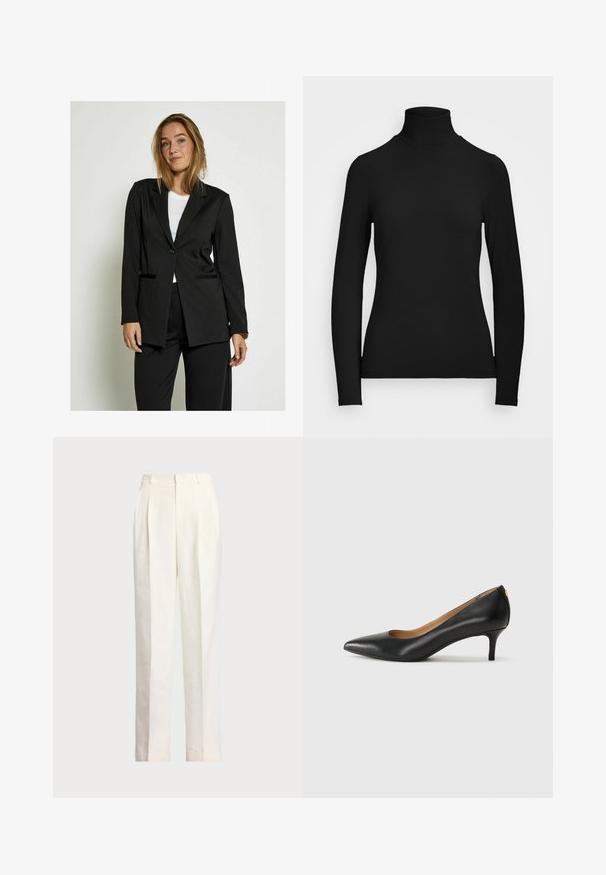 Desires Bleiseri - black; Mustapaita, jossa on pitkät hihat ja korkea kaulus, valmistettu sileästä kankaasta. Ominaisuuksiin kuuluu tiukka siluetti ilman näkyviä kuvioita tai yksityiskohtia.; Polo Ralph Lauren HEMP WIDE LEG PANT - Housut - nevis; Mustat nahka-korkokengät, joissa on terävä kärki, matala korko ja sileä pinta. Edessä on pieni aukko ja takana minimaalinen varustus.