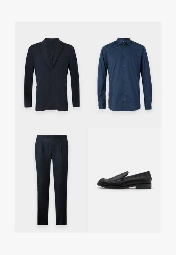 Mörkblå blazer med skräddarsydd passform, två knappar, slagkrage och två framfickor. Slät tyg med en subtil lyster och inga synliga mönster.; Mörkblå långärmad knäppskjorta tillverkad av ett slätt tyg. Har en standardkrage, framknäppning med matchande knappar och manschetter.; Svarta skräddarsydda byxor i mjukt tyg, med en slim fit-design, två främre veck och en flat midja utan synlig hårdvara.; Svarta läderloafers med en slät finish, rund tå och en liten dekorativ flik. Har en låg staplad klack och subtilt varumärkesdetalj.
