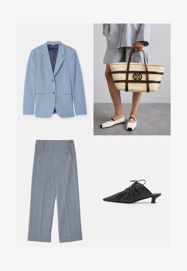 Light blue blazer made of smooth fabric, featuring a notched collar, two buttons, and front pockets with subtle stitching details.; Black long-sleeve top made of soft fabric, featuring a round neckline and a relaxed fit with side slits at the hem for ease of movement.; Light gray, wide-leg trousers made of textured fabric, featuring two front pleats and two side pockets. Clean, tailored design.; Black leather slip-on mules with a pointed toe, gathered texture, and a small kitten heel. Features a drawstring detail at the opening.; Woven straw tote bag with brown leather accents and handles. Features a cutout logo and contrasting horizontal bands.