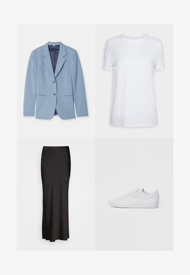 Svijetloplava blazerica od glatkog materijala, s rebrastim ovratnikom, dvama gumbima i prednjim džepovima s suptilnim detaljima šivanja.; Bijela kratka majica s kratkim rukavima od pamuka. Dizajn s okruglim izrezom, glatke teksture i bez vidljivih uzoraka ili naglasaka. Osnovni stil.; Crna satenska suknja do poda s glatkom teksturom, strukom koja se dobro prilagođava, i A-linijom, bez vidljivih ukrasa ili uzoraka.; Bijele niske Puma tenisice s vezanjem sprijeda, suptilnim brendingom sa strane i na đonu, te glatkim sintetičkim gornjim dijelom za svakodnevno nošenje.