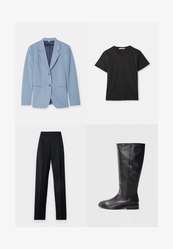 Light blue blazer made of smooth fabric, featuring a notched collar, two buttons, and front pockets with subtle stitching details.; Black short-sleeve crew neck cotton T-shirt laid flat on white background with visible brand label inside collar.; Black trousers made from smooth fabric featuring a high waist, wide legs, front pleats, and classic belt loops. No side pockets visible.; Black knee-high leather boot with a low heel and rounded toe, showing stitching details along the shaft and vamp.