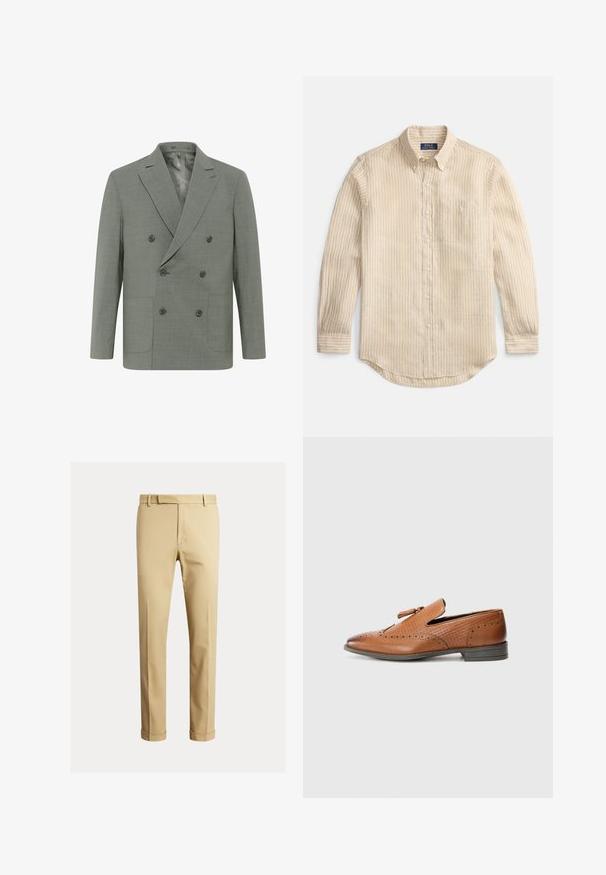 Dvojvrstveni blazer iz svetlo sive tkanine, z oznakami na reverju, štirimi gumbi, dvema sprednjima žeepoma in gladko notranjo podlogo.; Bež dolgo-srajčna sova s belimi navpičnimi črtami, ovratnik z gumbi, prsni žep in etiketa "Polo Ralph Lauren" znotraj ovratnika.; Kahe barvni chinos narejeni iz gladkega bombažnega blaga, ki ponujajo prilegan dizajn, sprednje pregibe in manšete pri gležnju za ozko silhueto.; Rjave usnjene čevlje s perforiranjem, teksturiranimi stranicami, ravnim podplatom in dekorativnim vozelcem na zgornjem delu. Klasična zasnova z gladko površino.