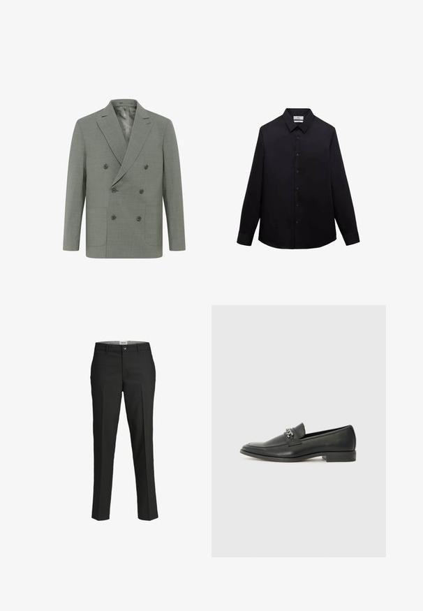 Blazer doppiopetto in tessuto grigio chiaro, con rever a scollo, quattro bottoni, due tasche frontali e foderatura interna liscia.; Camicia nera a maniche lunghe con colletto classico, chiusura con bottoni davanti e un tessuto liscio e leggero. Nessun motivo o dettaglio visibile.; Pantaloni neri, vestibilità sartoriale, tessuto liscio, vita media, chiusura con bottone frontale, tasche diagonali e dettagli di piega lungo le gambe.; Mocassino in pelle nera con finitura liscia, caratterizzato da un design cucito e da un accento decorativo in catena metallica sul vamp. Tacco piatto.