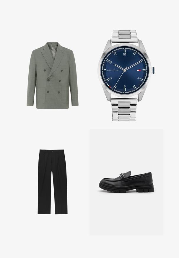 Blazer croisé en tissu gris clair, avec revers à cran, quatre boutons, deux poches avant et une doublure intérieure lisse.; Ensemble de huit t-shirts noirs en coton à manches courtes et col rond, avec un design uni et une texture douce.; Pantalons noirs au design droit, fabriqués à partir d'un tissu lisse. Dotés de plis sur le devant et d'une fermeture à un bouton à la taille.; Mocassin en cuir noir avec un bout arrondi, une lanière décorative et des éléments en métal, et une semelle texturée épaisse. Finition lisse avec des détails subtils.; Montre en métal argenté avec un cadran bleu brossé, des index heures blancs et un affichage de la date. Comprend un bracelet métallique à maillons et le logo de la marque.