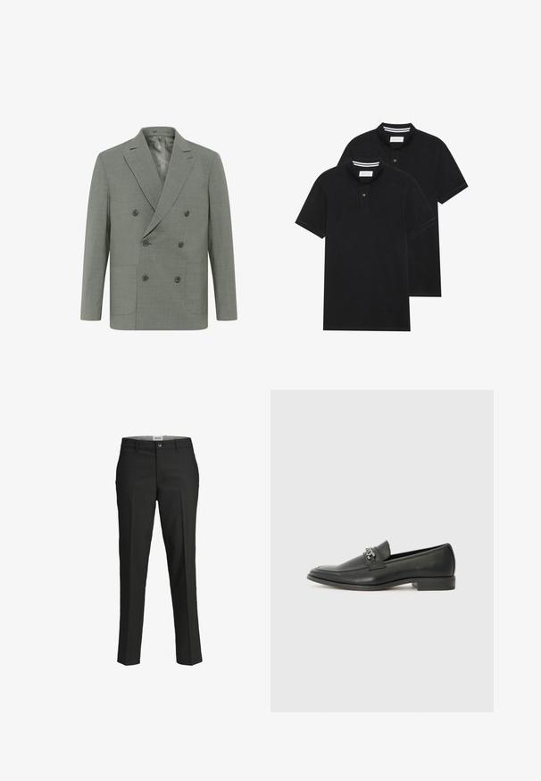 Doppelt geknöpfter Blazer aus hellgrauem Stoff, mit Reverskragen, vier Knöpfen, zwei Fronttaschen und einem glatten Innenfutter.; Zwei schwarze Polohemden, kurzärmlig, aus Baumwolle, mit einem klassischen Kragen, zwei Knöpfen und weißen Streifenakzenten im Inneren des Kragens.; Schwarze Hosen, taillierte Passform, glattes Material, mittelhoher Bund, vorderer Knopfverschluss, schräge Taschen und Bügelfalten entlang der Beine.; Schwarzer Lederloafer mit glatter Oberfläche, ausgestattet mit einer gesteppten Gestaltung und einem dekorativen Metallkettendetail über dem Vorderblatt. Flacher Absatz.