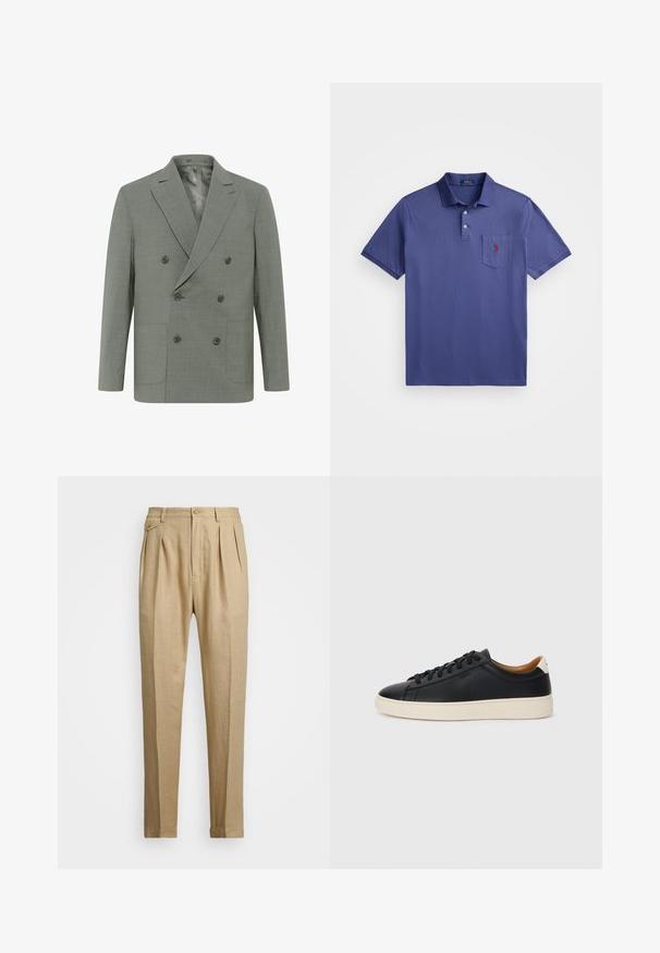 Blazer croisé en tissu gris clair, avec revers à cran, quatre boutons, deux poches avant et une doublure intérieure lisse.; Polo shirt violet en coton, avec une patte de boutonnage à trois boutons, des manches courtes et une poche poitrine avec un logo brodé en rouge.; Pantalons en lin beige avec une coupe droite, arbore deux pinces à l'avant, une fermeture à bouton et des poches latérales. Tissu texturé avec une finition lisse.; Baskets en cuir noir avec une texture lisse, semelle en caoutchouc beige, design à lacets et accent de talon contrasté.