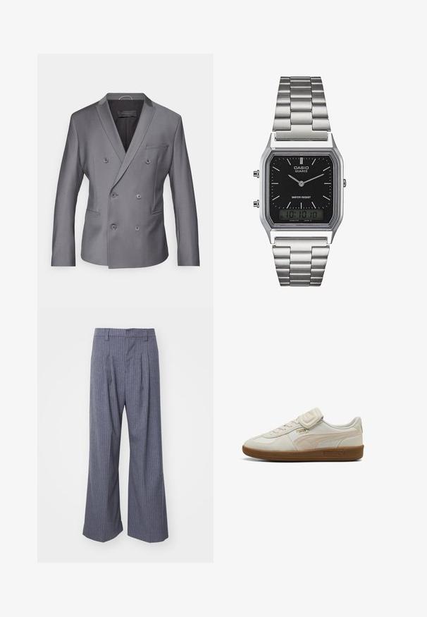 Hallikas topeltkinnitatud bleiser, mis on valmistatud tekstuuriga kangast, millel on terav krae, kaks esikotti ja kuus nööpi esiosas.; Valge puuvillane polosärk, millel on krae, kolme nupuga kaelus ja õrn logo rinnal. Lühikesed varrukad, pehme tekstuur.; Hallide triibulised püksid laiade jalgadega disainiga, millel on ees voldid ja sile tekstuur. Nähtavat riistvara ega aktsente ei ole.; Valge nahast tennisekets tekstuuriga detailidega, kummist tald ja kuldne logo. Omab nööpe ja takjakinnitust kinnitamiseks.; Hõbedane roostevabast terasest kvarts kell musta ristküliku kujulise näoga, millel on analoognõjad, digitaalelektrooniline kuva ja vee vastupanu silt.