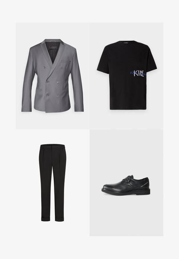 Šedý dvouřadý blazer vyrobený z texturované látky, s špičatým klopou, dvěma předními kapsami a šesti knoflíky vpředu.; Černé bavlněné tričko s krátkým rukávem, které má na levé straně grafický design s nápisem "KARL" v bílé a modré barvě. Styl s kulatým výstřihem.; Černé kalhoty s elastickým pasem, s rovnými nohavicemi a ohrnutými lemy. Vyrobené z hladké tkaniny bez vzorů.; Černá kožená bota s kulatou špičkou, jedním sponkým detailem a plochou gumovou podrážkou. Na boku blízko paty je umístěno logo značky.