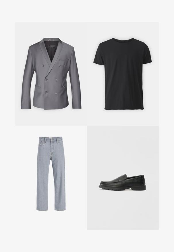 Sacou gri cu două rânduri de nasturi, realizat dintr-un material texturat, având revere în vârf, două buzunare frontale și șase nasturi pe față.; Tricou negru cu mânecă scurtă, fabricat din bumbac moale, având un guler clasic de tip crew și o textură netedă, cu un croi drept.; Jeanși din denim bleu deschis cu o croială lejeră, design cu picior drept, cusături vizibile, două buzunare frontale și închidere cu nasture.; Labeled cu oglindă din piele neagră cu un finisaj neted, partea superioară în stil mocasin, detalii cusute și o talpă din cauciuc. Design clasic cu un toc jos.