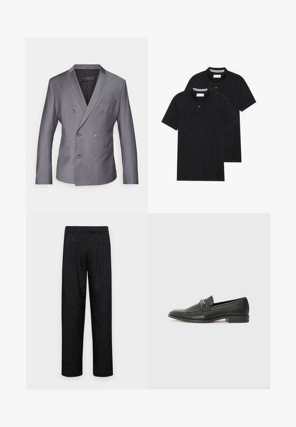 Szary dwurzędowy żakiet wykonany z teksturowanej tkaniny, z klapami w szpic, dwoma przednimi kieszeniami i sześcioma guzikami z przodu.; Dwie czarne koszulki polo z krótkim rękawem, wykonane z materiału bawełnianego, z klasycznym kołnierzykiem, z zapięciem na dwa guziki oraz białymi paskami wewnątrz kołnierza.; Czarne spodnie wykonane z gładkiego materiału, z prostą nogawką, dwoma fałdami z przodu oraz standardowym paskiem z wypustkami na pasek.; Czarne skórzane mokasyny o gładkim wykończeniu, z haftowanym wzorem i dekoracyjnym akcentem z metalowego łańcucha na wierzchu. Płaska pięta.