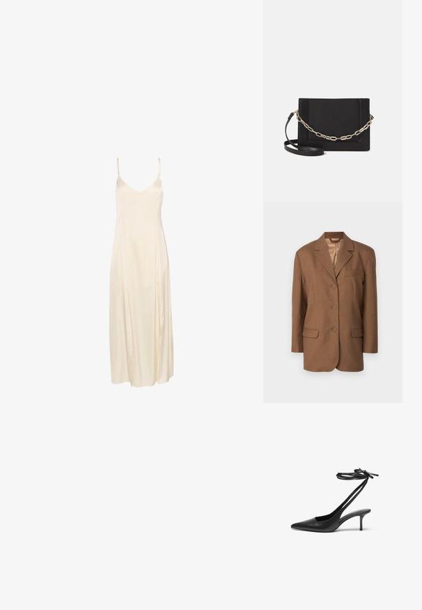 Blazer marrone con colletto a punta, chiusura a un bottone, due tasche frontali e una tasca sul petto. Texture liscia e design strutturato.; Abito slip in satin avorio con spalline sottili, scollatura a V profonda e design fluido lungo fino alla caviglia. Texture liscia e cuciture minime.; Scarpa stiletto nera in pelle con punta affusolata, retro aperto e cinghie alla caviglia legate a fiocco. Tacco sottile di 7,5 cm. Texture liscia, design minimalista.; Borsa a tracolla nera in pelle con una texture liscia, forma rettangolare e dettaglio in catena metallica sul davanti. Inclusa una tracolla regolabile.