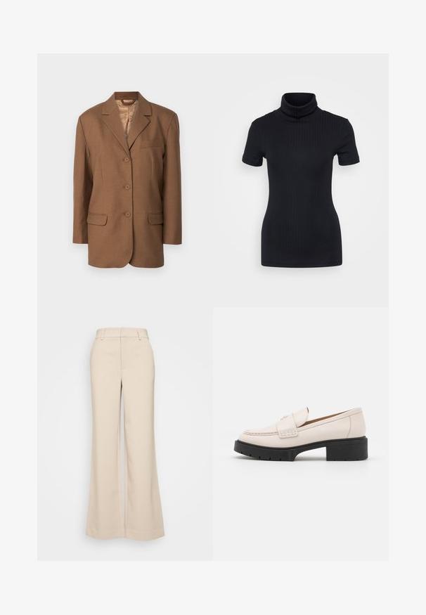 Rudas švarkas su iškirptu apykakle, vieno mygtuko užsegimu, dviem priekinėm kišenėm ir krūtine kišene. Lygus paviršius ir struktūruotas dizainas.; Juodas raštuotas turtlenekas, trumpomis rankovėmis, prigludusi konstrukcija, minkšta tekstūra, minimalus siūlių skaičius ir aukšta apykaklė.; Bežiniai plačios kojos kelnes su lygiu paviršiumi, turinčios aukštą liemenį ir dvi priekinės kišenes. Švarus dizainas su pritaikytu siluetu.; Šviesiai smėliniai odiniai laivai su siuvinėta priekiu ir tekstūriniu juodu platformos kulnu. Pasižymi kreiviu dizainu ir nedideliu pakilimu.