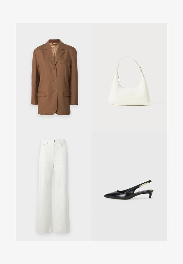 Blazer marron avec un col cranté, fermeture à un bouton, deux poches avant et une poche poitrine. Texture lisse et design structuré.; T-shirt en coton noir avec un col rond, des manches courtes et un logo brodé sur la poitrine. Coupe simple et décontractée sans motifs.; Samsøe Samsøe SHELLY - Jean boyfriend - clear cream; Talons hauts en cuir noir avec un bout pointu, dotés d'un talon fin et d'un accent en ton or sur la lanière réglable. Texture lisse.; Petit sac blanc à épaule avec une seule bandoulière ajustable et une fermeture éclair, sur un fond blanc uni.
