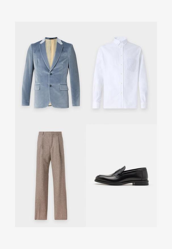 Ljusblå sammetblazer med två knappar, slagkrage och två framfickor. Insidan har en krämfärgad foder. Supermjuk textur.; Vit långärmad skjorta med knappar, tillverkad av bomull, med en bröstficka med ton-i-ton broderi, krage och knappmanchetter.; Bruna, högmidjade byxor i texturerat tyg. Har vida ben och två framvikningar för struktur. Välavslutad utan synlig hårdvara.; Svarta läderloafers med en slät yta, rund tå och ett dekorativt band över främre delen. Låg staplad klack, minimalistisk design.