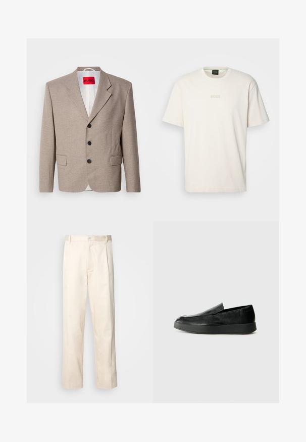 Beżowa marynarka o dopasowanym kroju z wyraźnymi ramionami, zapinana na pojedynczy guzik, z trzema czarnymi guzikami, dwiema przednimi kieszeniami oraz metką HUGO w czerwonym kolorze.; BOSS - T-shirt basic; Beżowe bawełniane spodnie o prostym kroju nogawki, z zapięciem na guziki i plisami z przodu dla dodatkowego zdobienia.; Calvin Klein HYBRID CUP czarny