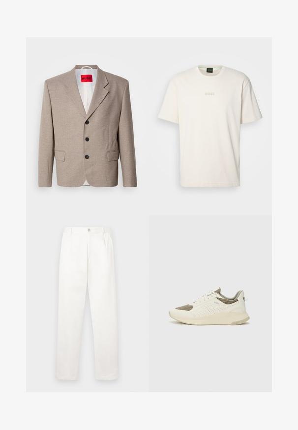 Béžový sak s upravenými ramenami, jednoradovým zapínaním, tromi čiernymi gombíkmi, dvoma prednými vreckami a červenou nálepkou HUGO.; BOSS TEE - Základné tričko - open white; Biele nohavice vyrobené z hladkej tkaniny, s rovnými nohavicami, prednými záhybmi a jedným gombíkom na zapínanie v páse.; Biele a svetlo béžové športové tenisky s hornou časťou z mriežkového materiálu, perforovanými detailmi a textúrovanou medzipodrážkou s logom na päte.