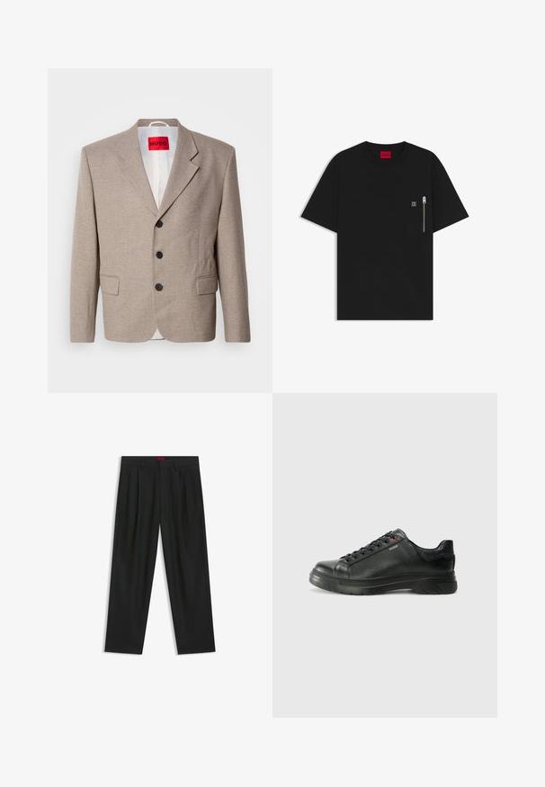 Blazer beige su misura con spalle strutturate, design monopetto, tre bottoni neri, due tasche frontali e etichetta HUGO in rosso.; T-shirt nera in cotone, con collo rotondo, maniche corte e taschino sul petto con dettaglio della cerniera argentata. Piccolo logo sulla tasca.; Pantaloni neri con un design plissè, forma a gamba larga e texture liscia. Presentano un'etichetta rossa in vita.; Sneaker nera in pelle con superficie testurizzata, collo imbottito e dettaglio logo rosso. Presenta una suola in gomma spessa con un motivo di battistrada distintivo.