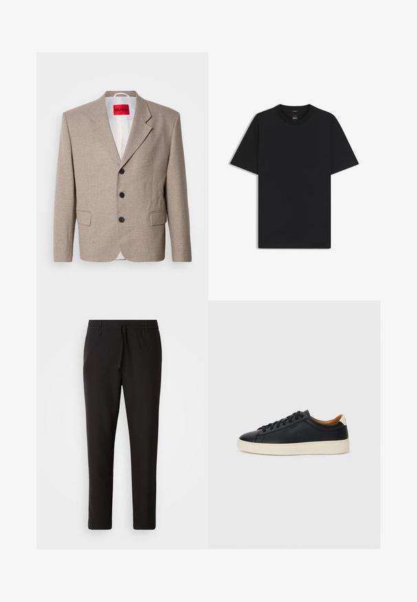 Beige op maat gemaakte blazer met gestructureerde schouders, een enkelgesloten ontwerp, drie zwarte knopen, twee voorzakken en HUGO-label in het rood.; Zwarte korte mouwen T-shirt van een gladde katoenmix, met een ronde halslijn en een minimalistisch ontwerp zonder patronen of accenten.; Zwarte joggingsbroek van gladde stof. Kenmerkt zich door een elastische tailleband met een trekkoord, taps toelopende benen en geen zichtbare zakken. Eenvoudig ontwerp.; Zwarte leren sneakers met een gladde textuur, beige rubberen zool, vetersluiting en een contrasterende hielaccent.