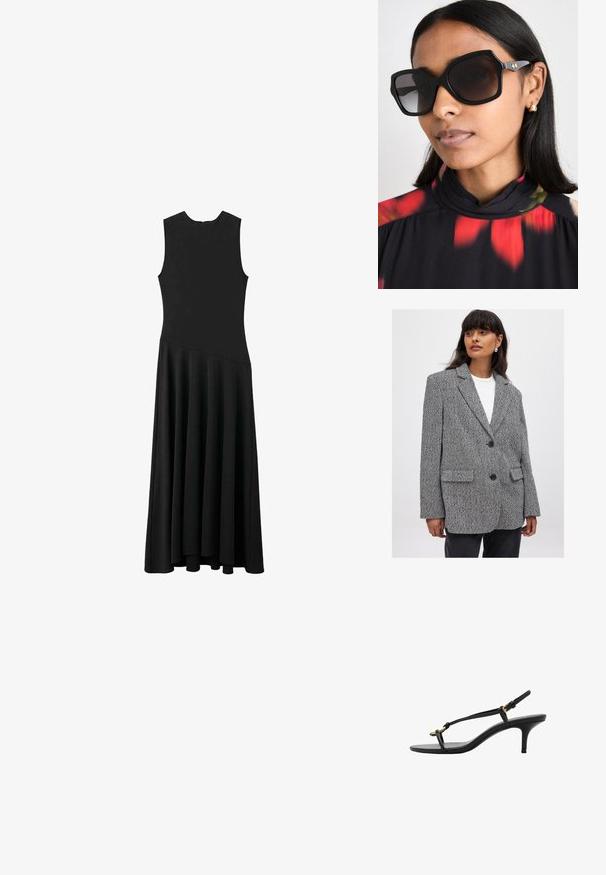 Houndstooth-kuvioinen bleiseri musta-valkoisena, jossa on avokollarit, kaksi etutaskua ja mustat napit. Rakenteellinen kangas, rento istuvuus.; Musta hihaton maxi-mekko, jossa on tiukka yläosa ja levenevä helma. Mekossa on sileä pinta ja minimalistinen muotoilu ilman näkyviä kiinnityksiä.; Mustat nahkakengät, joissa on kissankorko, ohuet hihnat, kultainen solki ja minimalistinen varvaslenkki valkoisella taustalla.; Mustat ylisuuret aurinkolasit geometrisella kehyksellä, tummennetut linssit ja kultasävyiset yksityiskohdat, yhdistettynä kukkakuosisella korkeakaulaisella paidalla.; Musta ja valkoinen kassi pyöreällä ylhäällä, jossa on kuplakuosi, valmistettu sileästä materiaalista ja varustettu kahdella tukevalla kangaskahvalla.