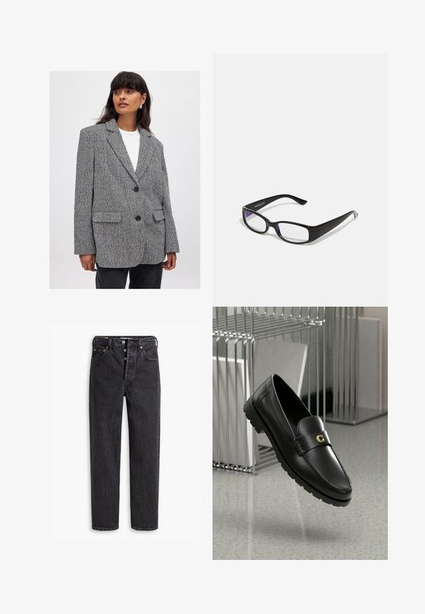 Houndstooth-kuvioinen bleiseri musta-valkoisena, jossa on avokollarit, kaksi etutaskua ja mustat napit. Rakenteellinen kangas, rento istuvuus.; ONLY ONLVENICE ROLLNECK - Neule - light grey melange; Mustat farkut suoran lahkeen tyyliin, varustettu napituslennolla, kuparinvärisillä yksityiskohdilla ja hienovaraisella tekstuurilla. Klassinen viiden taskun muotoilu.; Musta nahkakengät, joissa on kohotettu sauma, kultainen logoakseli ja struktuurinen hihna. Varustettu paksulla ja kestävälla kumipohjalla.; Mustat suorakulmaiset vahvuuslasit, joissa on kirkkaat linssit. Kiiltävä pinta, kapeat sanganvarret ja violetit sävyt näkyvät linssien reunoilla.; Koralloväri korvakorut, joissa on spiraalimainen muotoilu kerroksittain kaarista, esittelevät metallista pintakäsittelyä ja sileää tekstuuria visuaalista syvyyttä varten.