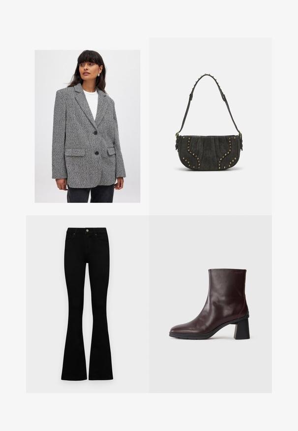 Juodai baltas šuo dantų rašto švarkas su įpjovimu apykakle, dviem priekinėmis kišenėmis ir juodomis mygtukais. Textūruotas audinys, laisvas siluetas.; Trumpa balta medvilnės marškinėliai su trumpomis rankovėmis, apvaliu kaklu ir tiesiu hemu, pasižyminti lygiu tekstūriu ir minimaliu dizainu.; Juodos aukšto liemens džinsai su mygtuku ir užtrauktuku, priekinėmis kišenėmis ir platėjančiomis kojomis, išdėstyti ant baltos fono.; Tamsiai rudos odinės aulinės batus iki kulkšnies su blokuotu kulnu ir apvalia nosimi, eksponuojami ant paprasto šviesiai pilko fono.; Juodas zomšinės rankinės su išlenktu dizainu, su vinių akcentais ir tekstūruota paviršiumi. Reguliuojama petneša su viniukų detalėmis aplink kraštą.; Sidabrinės širdelės formos auskarai puošti facetuotais skaidriais akmenimis, su tekstūruotu rėmu. Rinkinį sudaro tiek auskarai-stud, tiek kabančios formos.