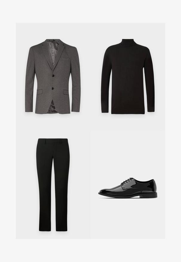 Hallide tekstuuriga hall bleiser, mis on varustatud kahe musta nööbiga, rinnatasku, kahe esitäispagiga ja siledast satiinilaadsest voodriga.; Must turtleneck-sviiter pehmest kudumist. Omab pikki varrukaid ja liibuvat disaini, millel on soonikoes krae ja äär. Minimalistlik brändimine.; Mustad püksid kohandatud lõikega, sileda tekstuuri ja sirge säärega disainiga. Vöökoht on varustatud vöörihmadega ja puhta viimistlusega.; Mustan läikiva nahast kleitking, millel on ümar varvas, nööridega disain ja sile, läikiv pind. Omab madalat kummitalda.