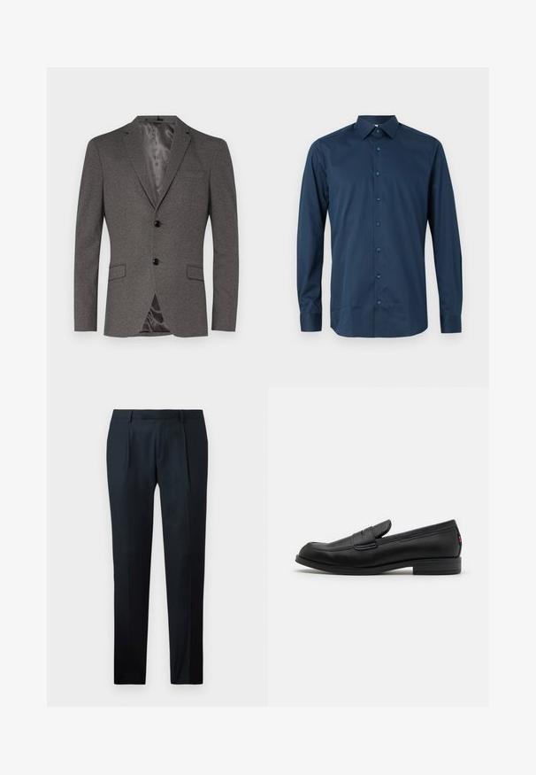 Szürke blézer textúrált szövetből, két fekete gombbal, egy mellzsebbel, két elülső zsebbel és sima, selyemhez hasonló béléssel.; Sötétkék, hosszú ujjú, gombos ing, sima anyagból készült. Standard garbóval, elöl gombolással és azonos színű gombokkal, valamint mandzsettás ujjakkal rendelkezik.; Fekete, sima anyagból készült, testes szabású nadrág, karcsú fazonban, két elülső redővel és lapos derékkal, látható fémrészletek nélkül.; Fekete bőr loafer cipők sima felülettel, lekerekített orral és egy kis díszes hajtókával. Alacsony, rakott sarkú és diszkrét márkázási részletekkel rendelkezik.
