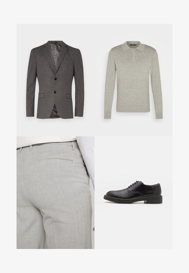 Harmaa bleiseri, joka on valmistettu tekstuuritusta kankaasta. Siinä on kaksi mustaa nappia, rintatasku, kaksi etutaskua ja sileä, satiinimainen vuori.; Vaaleanharmaa pitkähihaisen polo-paidan, joka on valmistettu pehmeästä kankaasta ja jossa on kolmen napin pääntie ja resorihihansuut, sekä klassinen kaulustyyli.; Vaaleanharmaat räätälöidyt housut tekstuuripintaisesta kankaasta, joissa on yksi takatasku ja siistit saumat.; Mustat nahkasaappaat, joissa on pyöreä kärki, sileä pinta, minimaalinen ommel ja matala kumipohja. Logo kannassa.