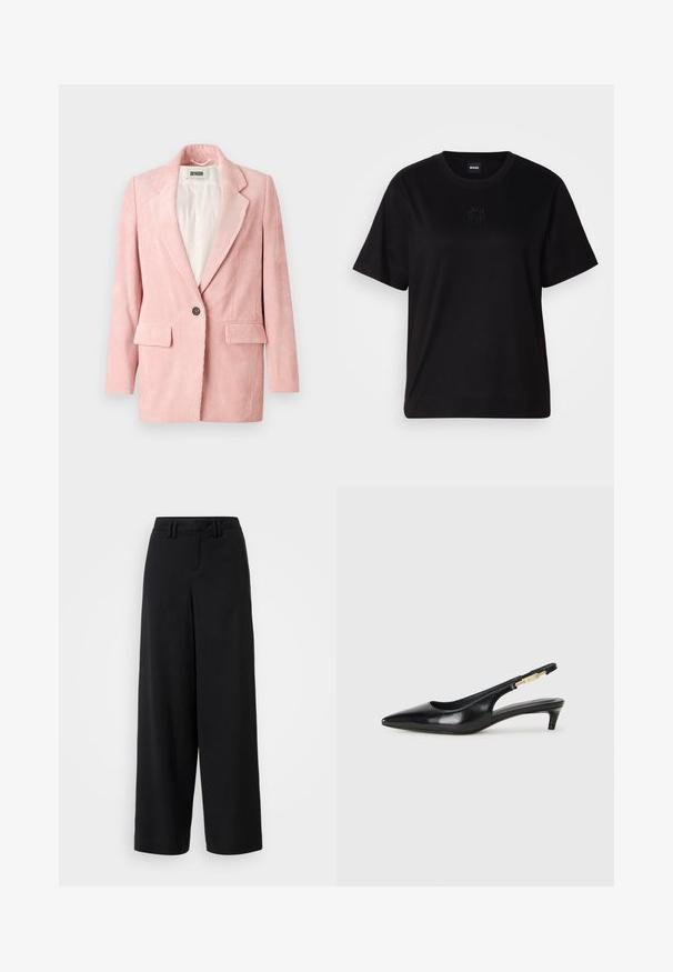 DRYKORN GLENDALE - Blézer - red; Fekete pamut póló kerek nyakkivágással, rövid ujjakkal és hímzett logóval a mellkasán. Egyszerű, laza szabás, minta nélkül.; Fekete, széles szárú nadrág sima anyagból, lapos elejű kialakítással, redőzött részletekkel és övhurkokkal a derékrészen.; Fekete bőr slingback magassarkúk, hegyes orral, vékony sarkakkal és arany színű részlettel a állítható pánton. Simа felület.