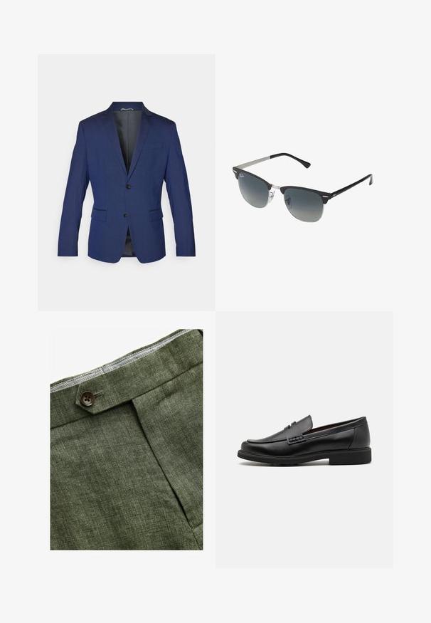 Navy modrý blejzr vyrobený z hladké tkaniny, s klopami, dvěma knoflíky a dvěma předními kapsami, s jedním rozventilovaným zadním dílem.; Svetle modrá pruhovaná košile s dlouhým rukávem, bílým límečkem a manžetami, s předním zapínáním na knoflíky a zakřiveným lemem. Hladká textura látky.; Olivově zelené lněné kalhoty s předním záhybem, vybavené zapínáním na knoflík a kontrastní kostkovanou podšívkou v pase.; Černé syntetické mokasíny s výrazně prošívanou špicí, měkkou stélkou a plochou gumovou podrážkou; elegantní design s minimálním zdobením.; Černé a stříbrné sluneční brýle ve tvaru kočičích očí, se stupňovitými skly a kovovými detaily na rámu. Plastové nožičky s šedými konci.