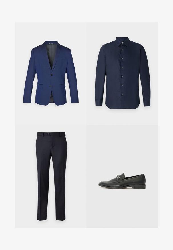 Blazer azul marino hecho de una tela suave, con solapa muesca, dos botones y dos bolsillos frontales, con un ventilación simple en la parte posterior.; Camisa de manga larga azul marino con cuello abotonado, textura suave y tapeta delantera con botones; presenta un ajuste entallado y dobladillo redondeado.; Pantalones tailored azul marino hechos de una tela texturizada con un sutil patrón de cuadros, que presentan un cierre de botón y un diseño de pierna recta.; Mocasín de cuero negro con un acabado suave, que cuenta con un diseño de costura y un acento decorativo de cadena de metal en el empeine. Tacón plano.