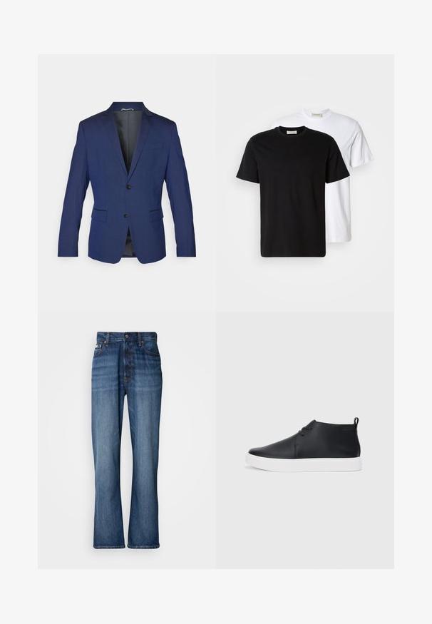 Granatowa marynarka wykonana z gładkiego materiału, z kołnierzem w kształcie notched, dwoma guzikami i dwoma przednimi kieszeniami, z pojedynczym wentylem z tyłu.; Dwie gładkie bawełniane koszulki, jedna czarna umieszczona z przodu białej, obie z krótkimi rękawami i okrągłymi dekoltami.; Niebieskie dżinsy z wysokim stanem, rozszerzającymi się nogawkami, pięcioma kieszeniami i tonalnym przeszyciem. Zawierają zapięcie na guzik i kieszenie wzmocnione nitami.; Czarne skórzane sneakersy za kostkę o gładkim wykończeniu, białej gumowej podeszwie i prostym sposobie sznurowania. Posiadają uchwyt z tyłu.