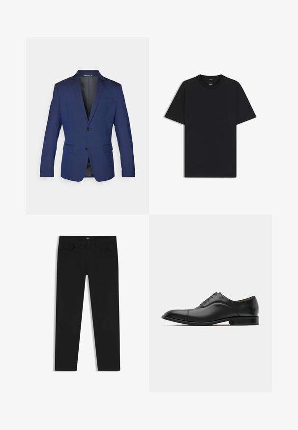 Marineblauwe blazer van een gladde stof, voorzien van een notch-kraag, twee knopen en twee voorzakken, met een enkele split aan de achterkant.; Zwarte korte mouwen T-shirt van een gladde katoenmix, met een ronde halslijn en een minimalistisch ontwerp zonder patronen of accenten.; Zwarte denim broek met een rechte snit, voorzien van een standaard tailleband, vijf zakken en een knoopsluiting. Gladde textuur overal.; Zwarte leren jurk schoen met een gladde textuur, ronde neus en vijf veterogen. Beschikt over een lage gestapelde hak en subtiele naaddetails.