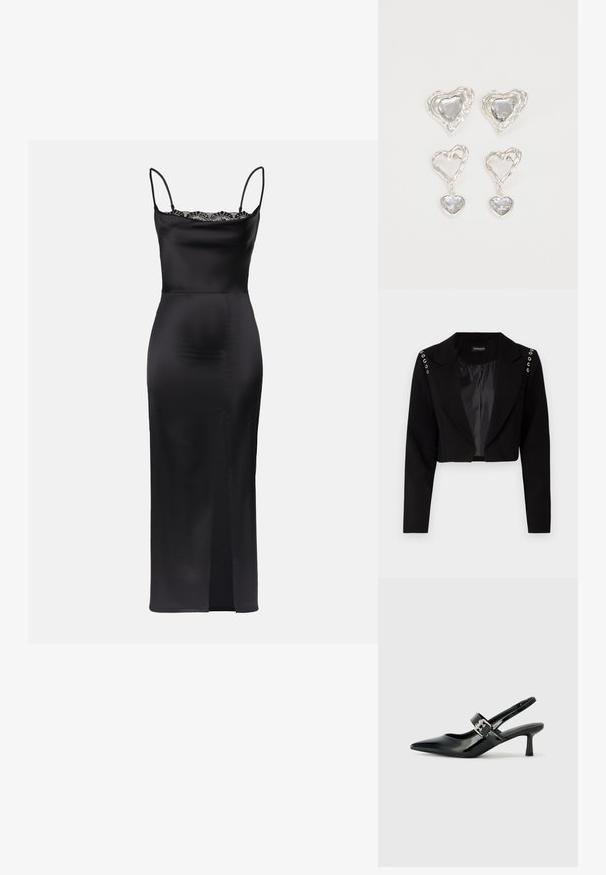 Blazer preto cortado com lapela notched, apresentando ilhoses em prata nos ombros e um forro interno suave. Design ajustado, caimento estruturado.; Vestido de cetim preto com alças finas, acabamento rendado na gola, silhueta justa e uma abertura lateral para facilitar o movimento.; Saltos slingback em verniz preto com bico pontiagudo e um pequeno salto bloco, apresentando um detalhe de fivela prateada na tira.; Os brincos em forma de coração prateados apresentam pedras claras facetadas, com uma moldura texturizada. O conjunto inclui estilos de botão e de gota.