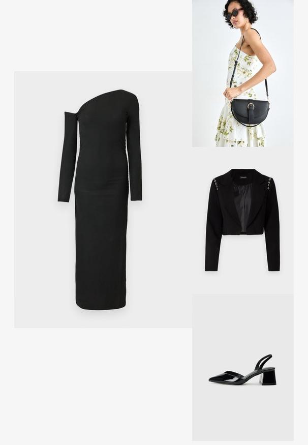 Sacou negru scurt cu revere, prezentând ochiuri argintii pe umeri și o captuseală netedă. Design ajustat, croială structurată.; Rochie neagră, ajustată, cu mâneci lungi, decolteu asimetric și detalii plisate pe o parte, realizată dintr-un material cu dungi.; Pantofi cu toc slingback din piele lacuită neagră, cu vârf ascuțit și toc geometric. Prezintă un design elegant, minimalist și o textură netedă.; Geantă din piele neagră, cu o formă curbată, curea detașabilă și accesorii aurii. Geanta are un capac cu un detaliu tip cataramă.