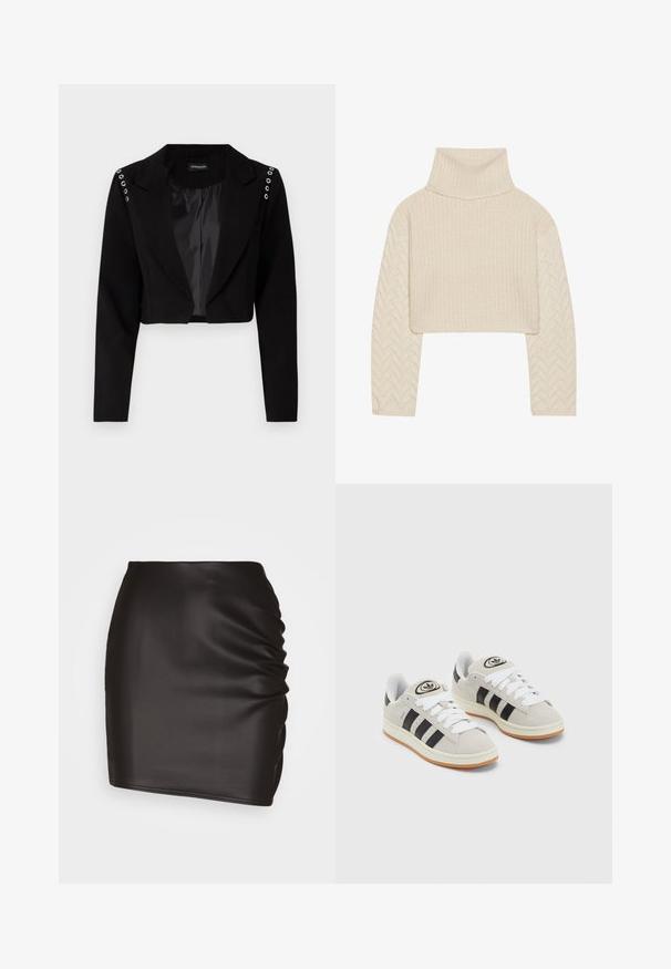 Blazer preto cortado com lapela notched, apresentando ilhoses em prata nos ombros e um forro interno suave. Design ajustado, caimento estruturado.; Sweater cortado de cor creme com gola alta, corpo de ponto texturizado e mangas com padrão espinha de peixe. Feito de material de lã macia.; Mini saia preta feita de um material sintético suave, com detalhes franzidos de um lado e um silhueta ajustada.; Tênis de camurça cinza com atacadores brancos, riscas pretas e uma sola de borracha branca. Apresenta um logótipo circular na língua e uma sola de borracha.