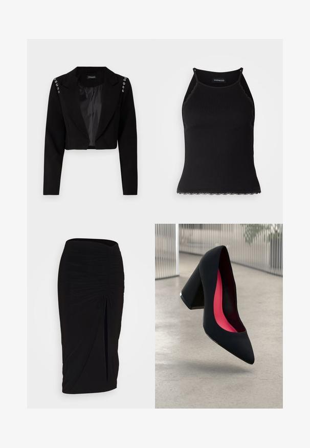 Izgriezts melns žakets ar iegrieztu apkakli, kuram ir sudraba grometi uz pleciem un gluda iekšējā oderējuma. Veidots dizains, strukturēta piegriezte.; Melna ribota topiņa ar izšūtu mežģīņu apdari apakšmalā. Iezīmē plānas siksniņas un pielāgotu piegriezumu. Izgatavota no stiepjama auduma.; Melna, ručām veidota zīda svārku ar saišu detaļu un sānu izgriezumu. Izgatavota no elastīga auduma, ar gludu tekstūru un pieguļošu dizainu.; Melna augsta papēža kurpe ar smailu purngalu, teksturētu virsmu un dzīvespriecīgu rozā interjeru. Satur masīlu papēdi ar sudraba akcentu.