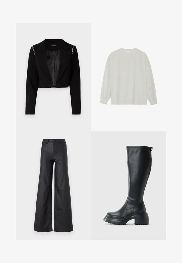 Cropped black blazer with a notched collar, featuring silver grommets on shoulders and a smooth inner lining. Tailored design, structured fit.; Light gray long-sleeve t-shirt made of soft cotton. Features a loose fit, round neckline, and gently gathered cuffs. No patterns or graphics.; Black, wide-leg pants in a faux leather material. Features a high waist, belt loops, two front pockets, and stitched detailing.; Tall black leather boot with chunky platform sole and block heel, featuring pull tab and textured tread on outsole.